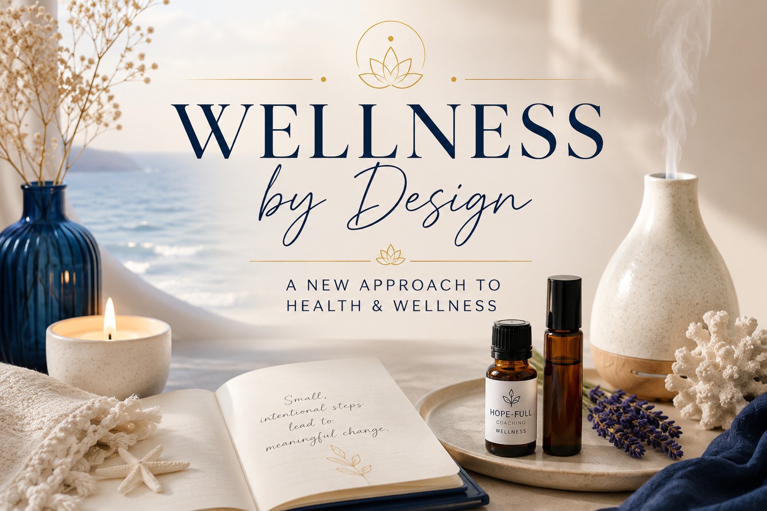 Hope-Full Coaching Wellness - Wellness by Design - peaceful table with diffuser, rollon- spray, candle looking out window at water.