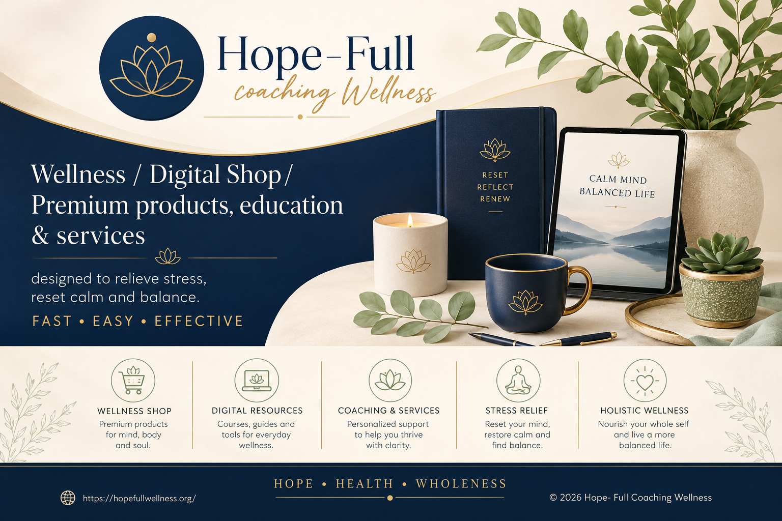 Hope-Full Wellness Digital Shop Hope-Full Wllness Digital Shop. Premium products and services. Table, cups, tablet and book.