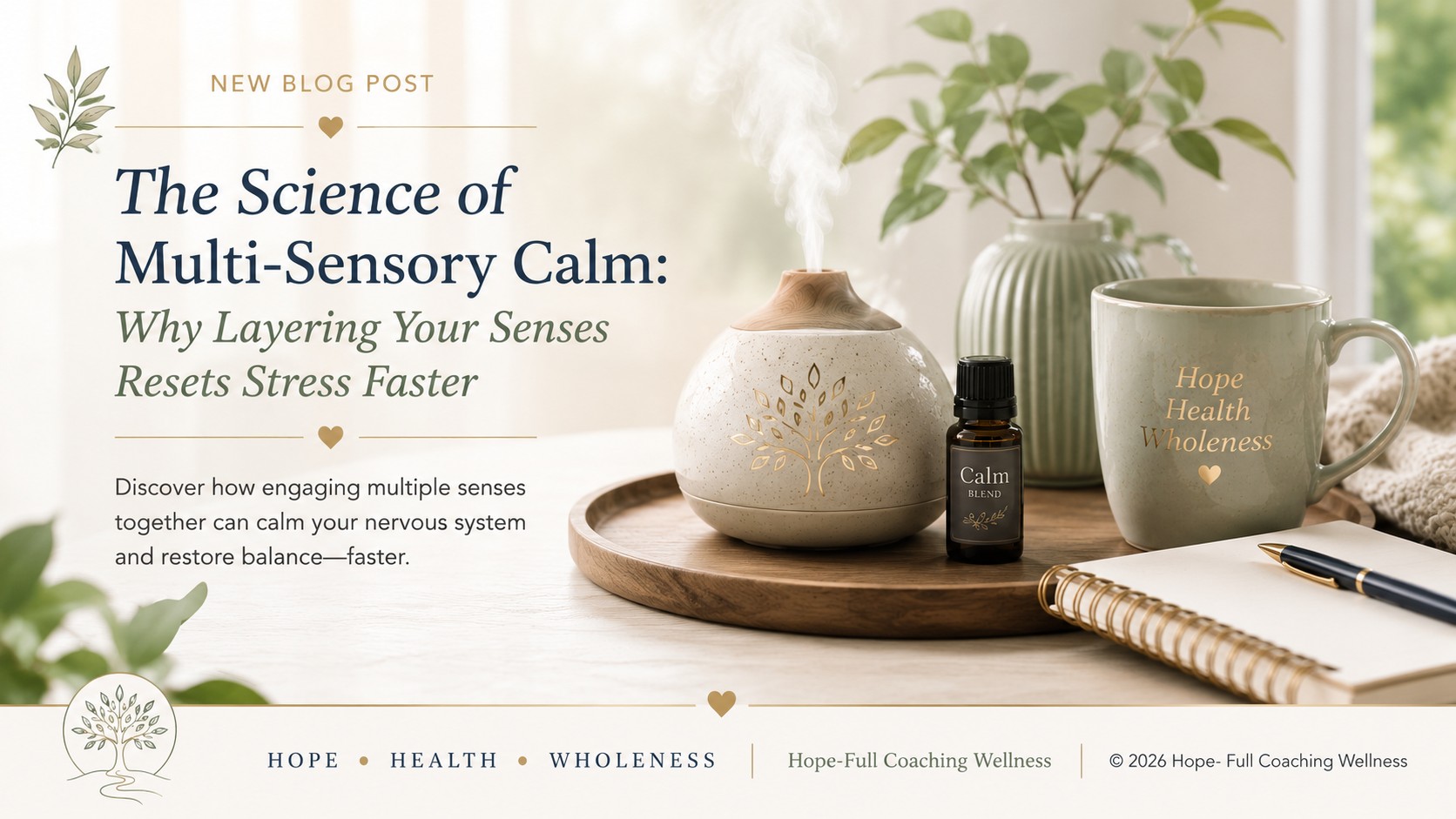 Science of Multi-Sensory Calm. Diffuser, plant, cup and journal.