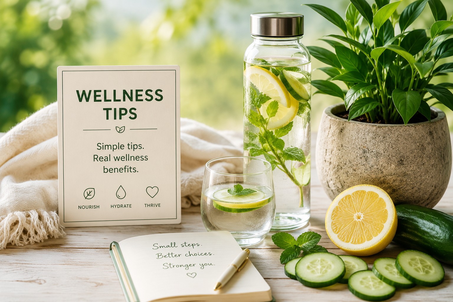 Wellness Tips, lemon water, lemons, cucumbers, sign
