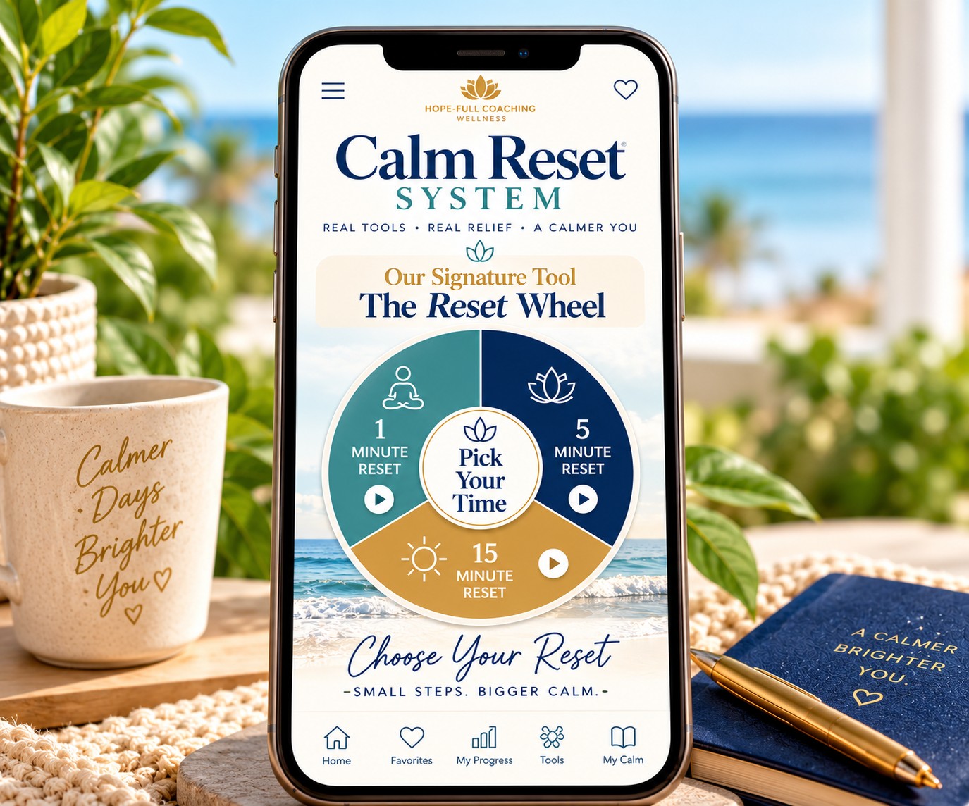 Calm Reset System showing the signature Reset Wheel with 1-minute, 5-minute and 15-minute stress relief options